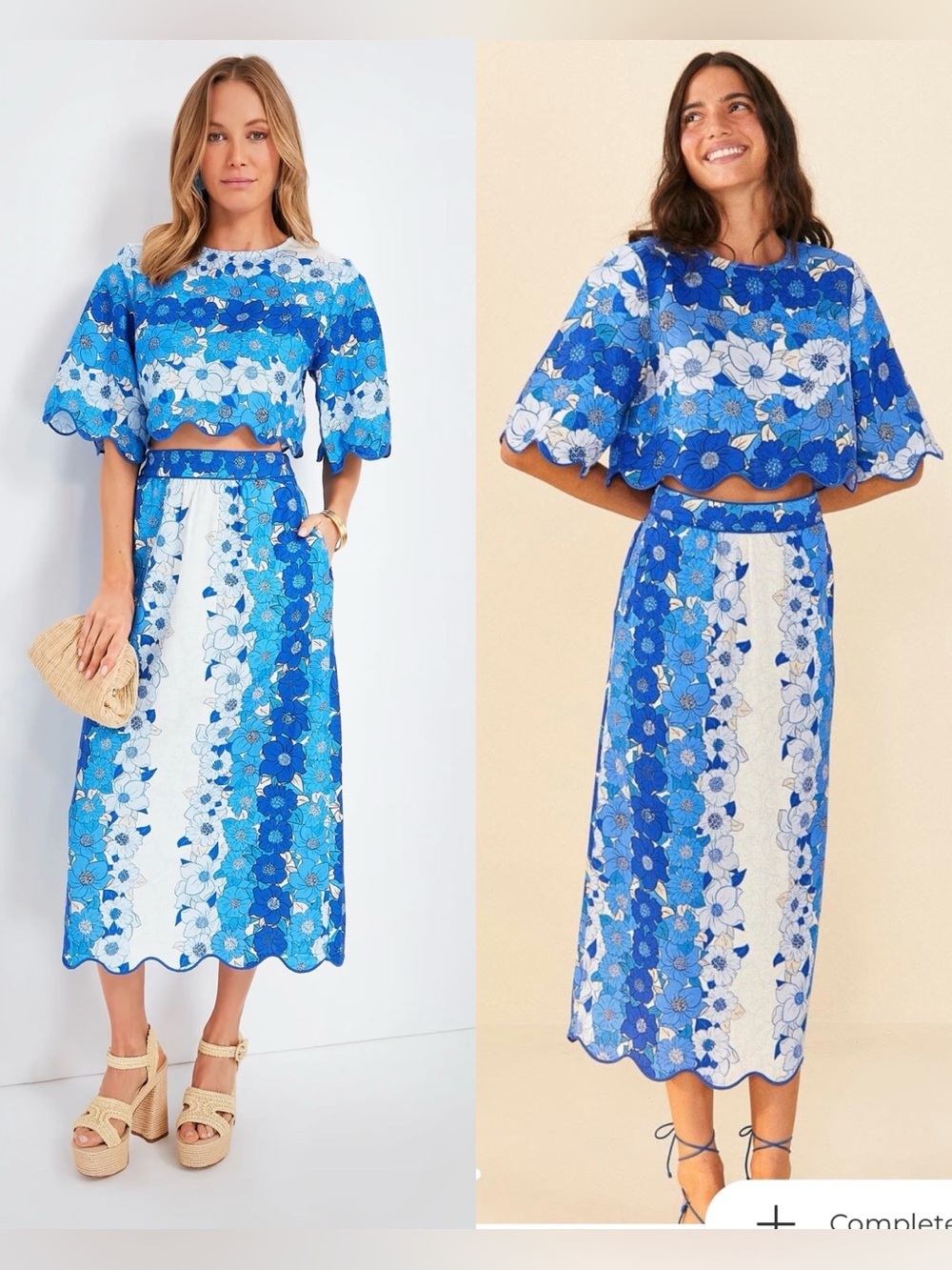 FARM Rio Set Blue Flower Linen Blend Midi Skirt /Crop Top Set, M